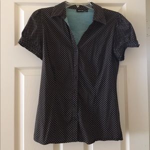 Apt. 9 brown and blue polka dot button down blouse