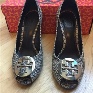 Tory Burch Julieanne Peeptoe Snakeskin Wedges