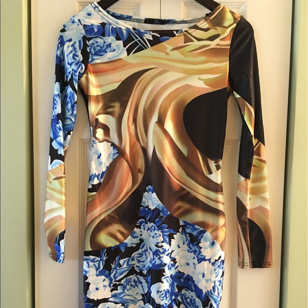 Blue brown Floral long sleeve dress size Large