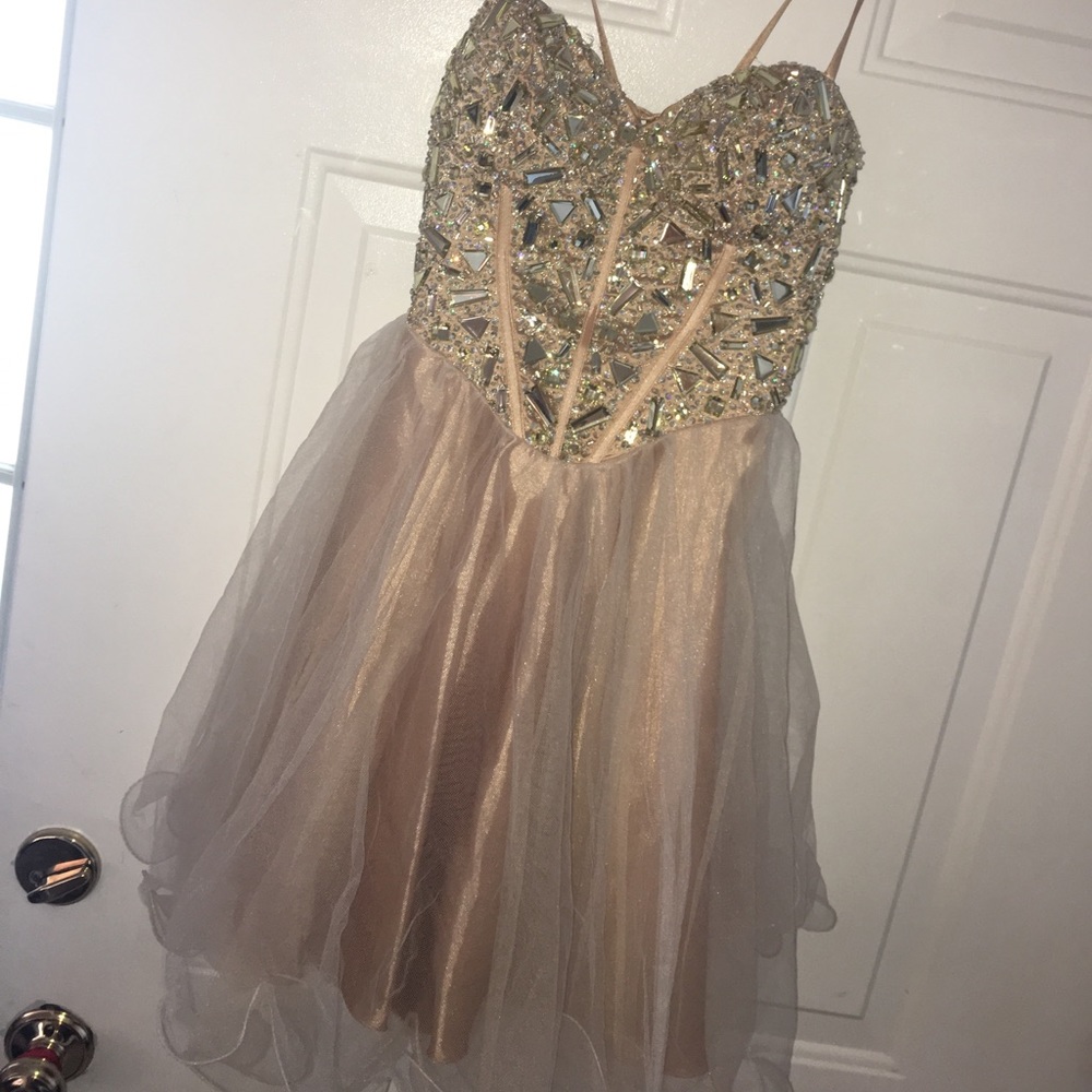 Strapless. Jeweled, shirt dress.