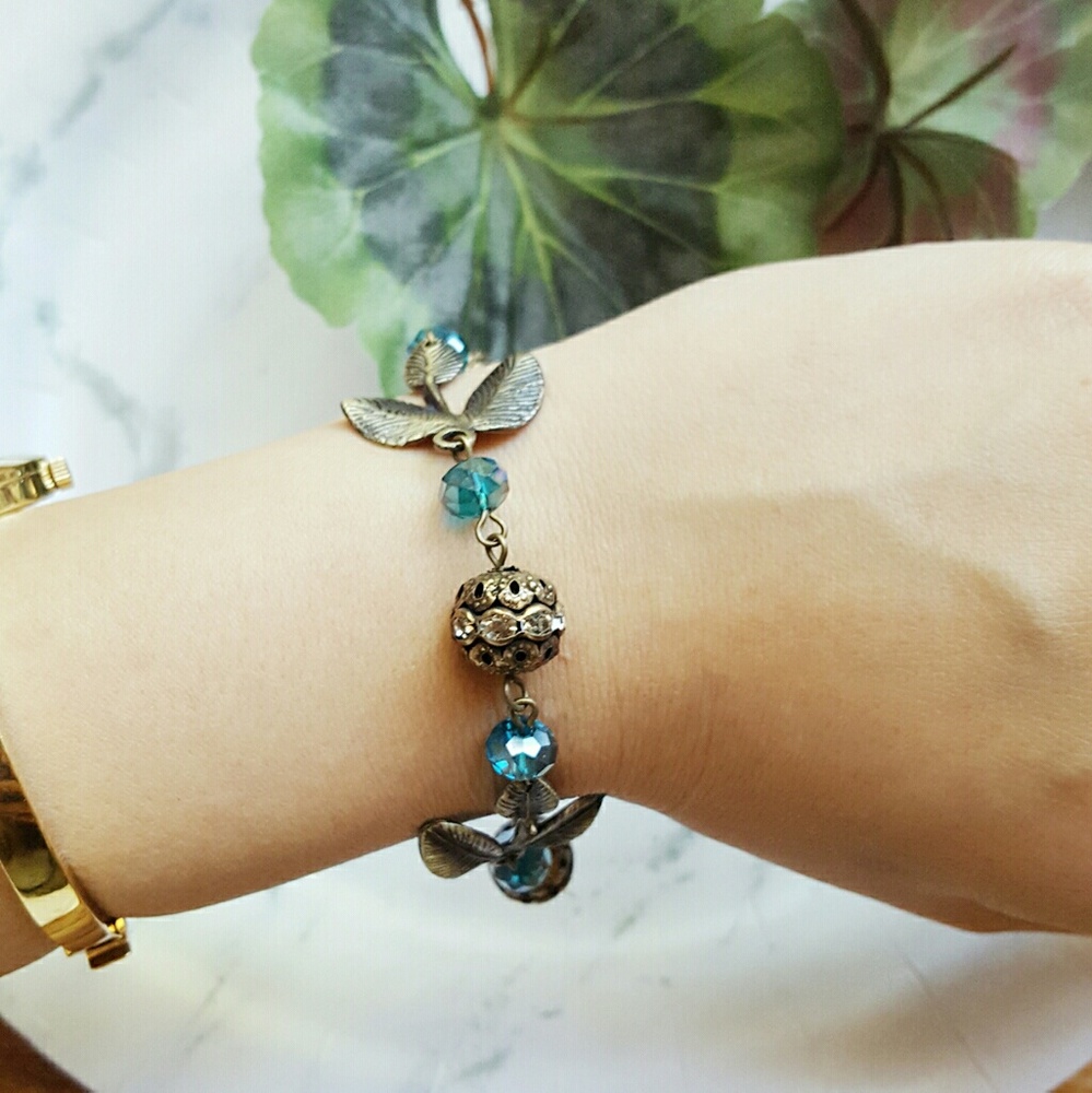Gold Leaves Blue Rhinestone Spiritual Bracelet