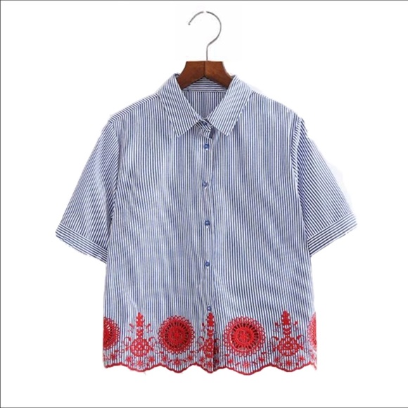 Zara basic blue strip red embroidered - Picture 2 of 7