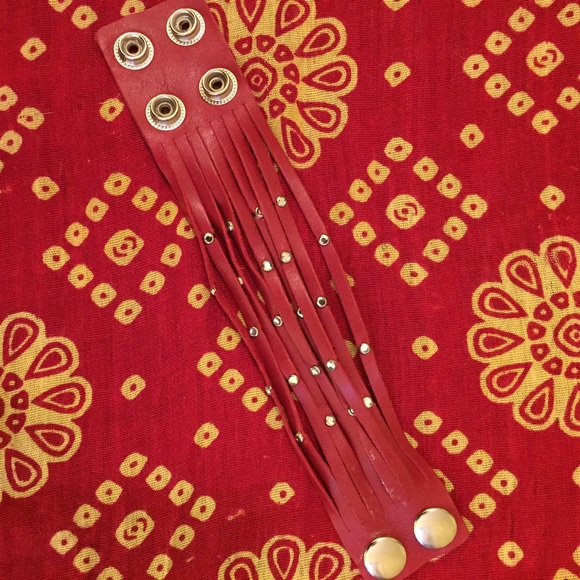 Red leather studded cuff - Picture 2 of 3