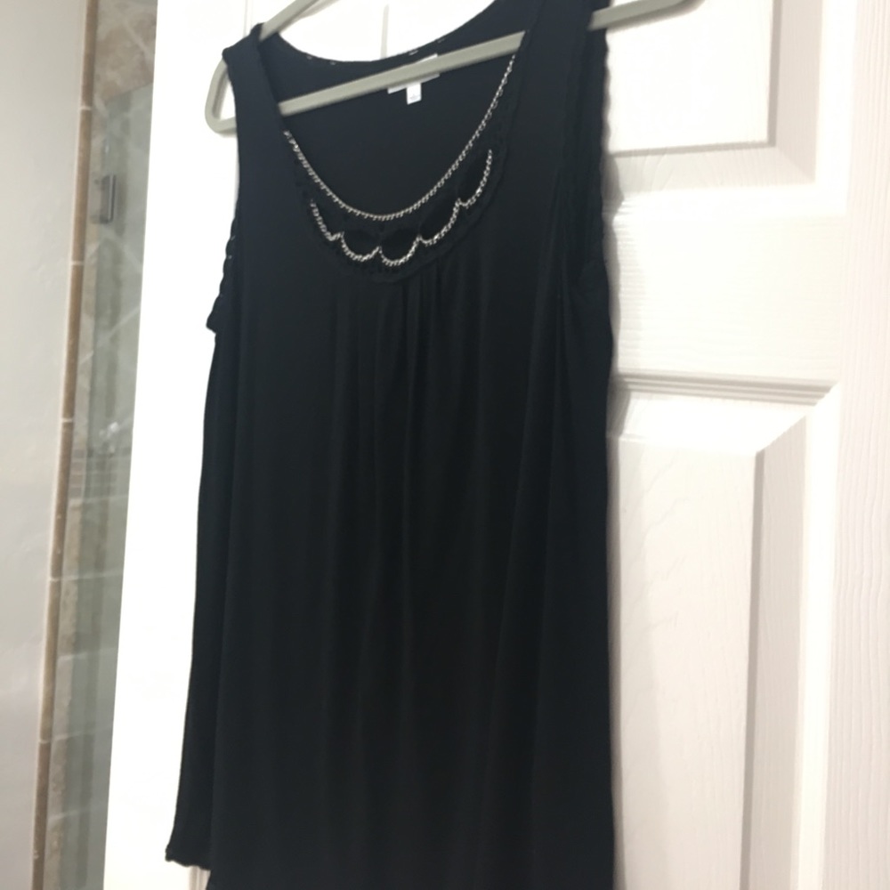 Black tank top with chain and crochet accents