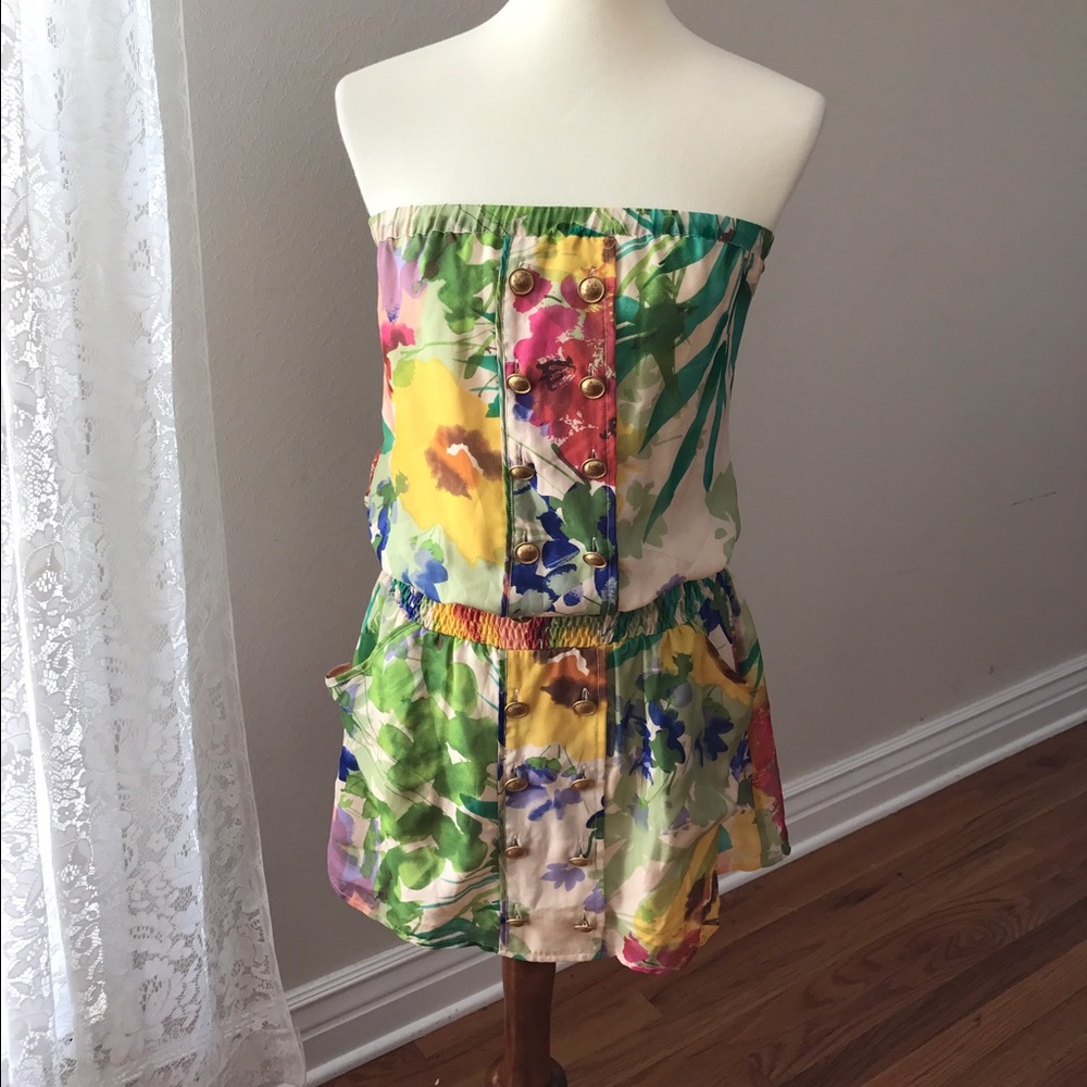 JENNY HAN Pure Silk Strapless Floral Dress