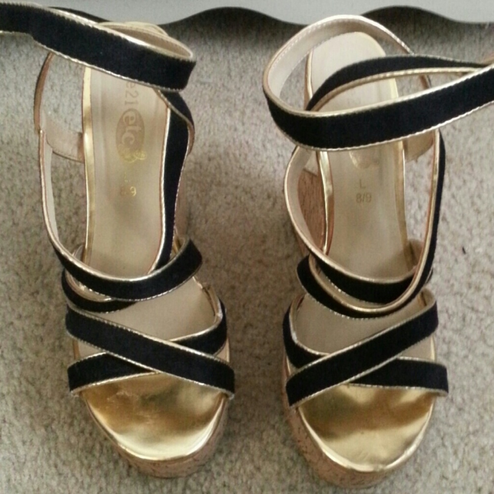 Black and gold strappy ankle cork wedges