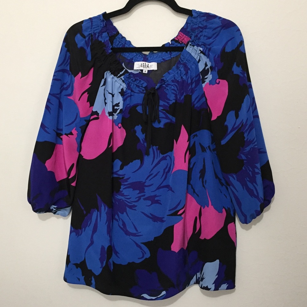 Tibi New York Silk Floral Blue Blouse