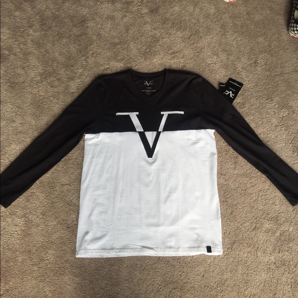 Mens Versace 3/4 sleeve v neck tee blk/whte sz L
