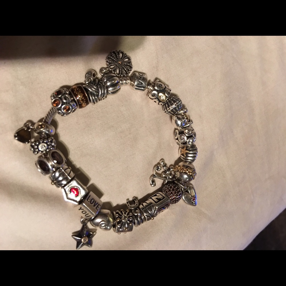 Fully loaded Pandora bracelet w silver & gold