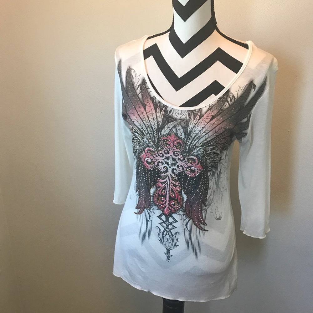 Angels and Diamonds winged cross top (sold)