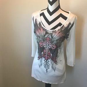 Angels and Diamonds winged cross top (sold)