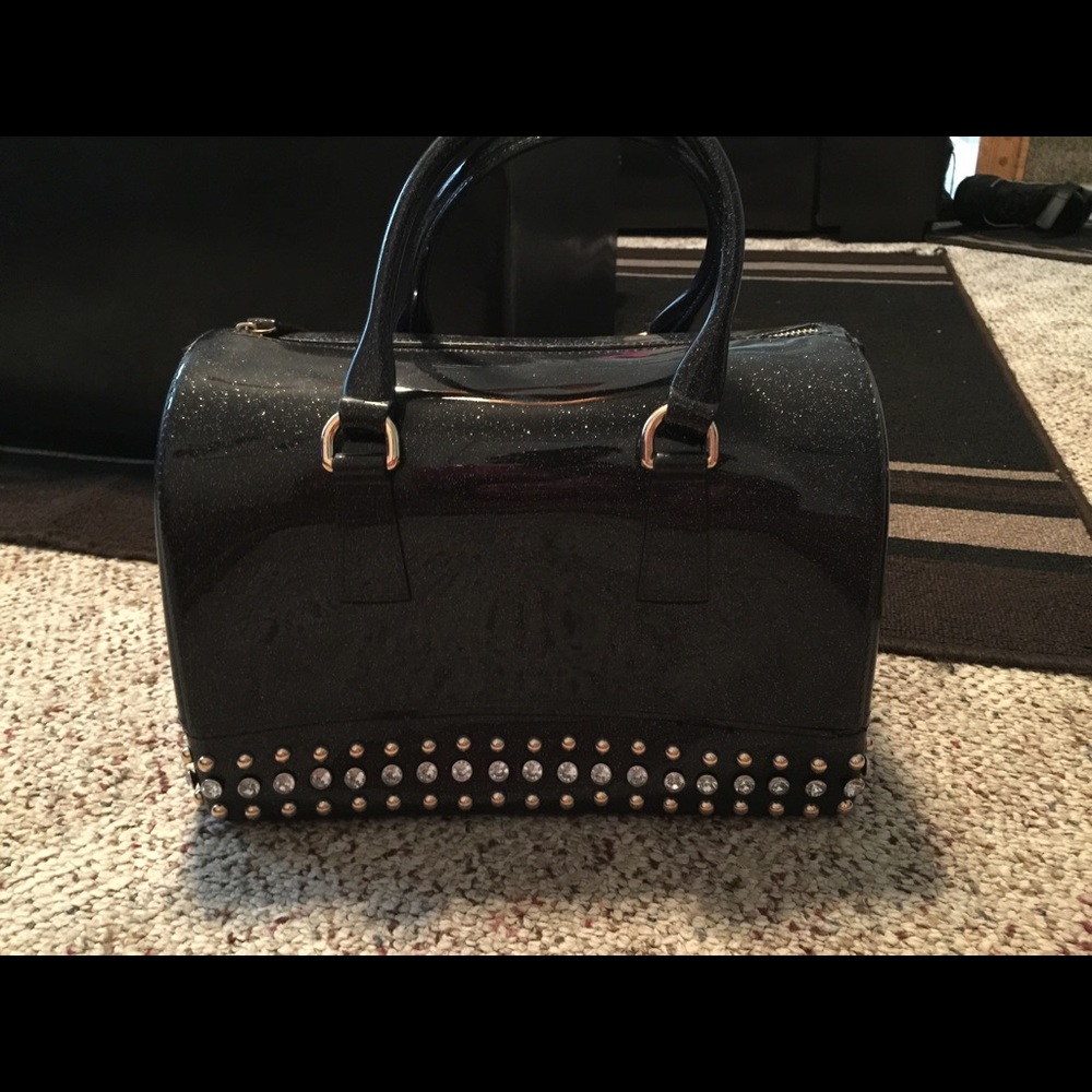 Black glitter and studded jelly handbag