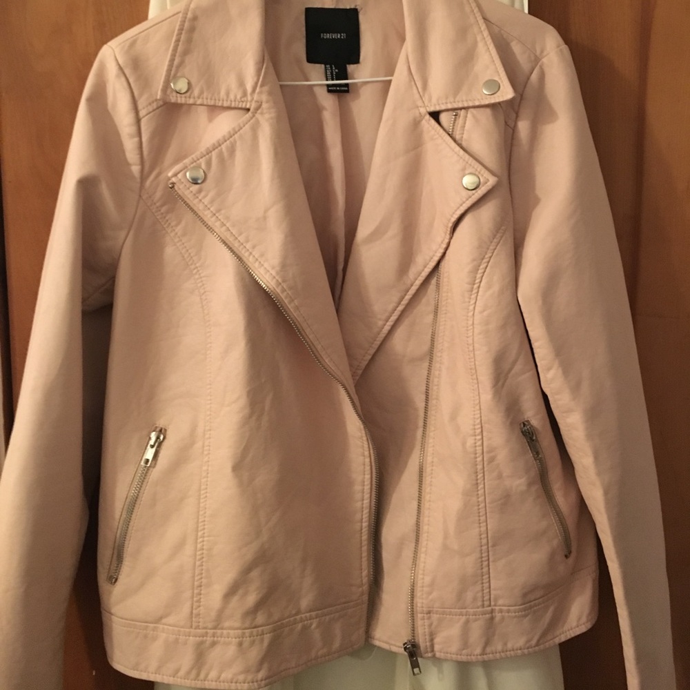 Pastel Pink Faux Leather Biker Jacket