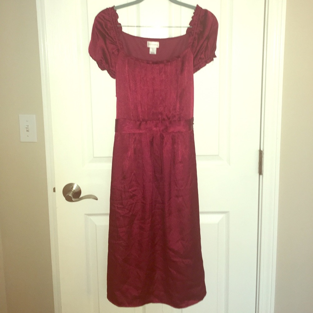 Motherhood maternity wine, satin midi dress, Large