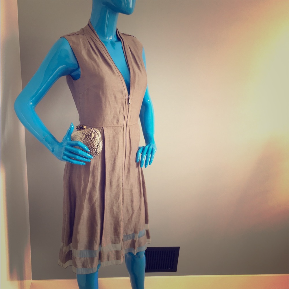 Elie Tahari sleeveless sheer-hem dress, sandstone