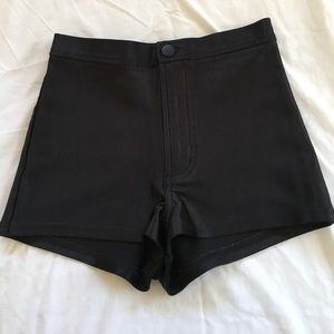 Shiny black high waisted shorts; American Apparel