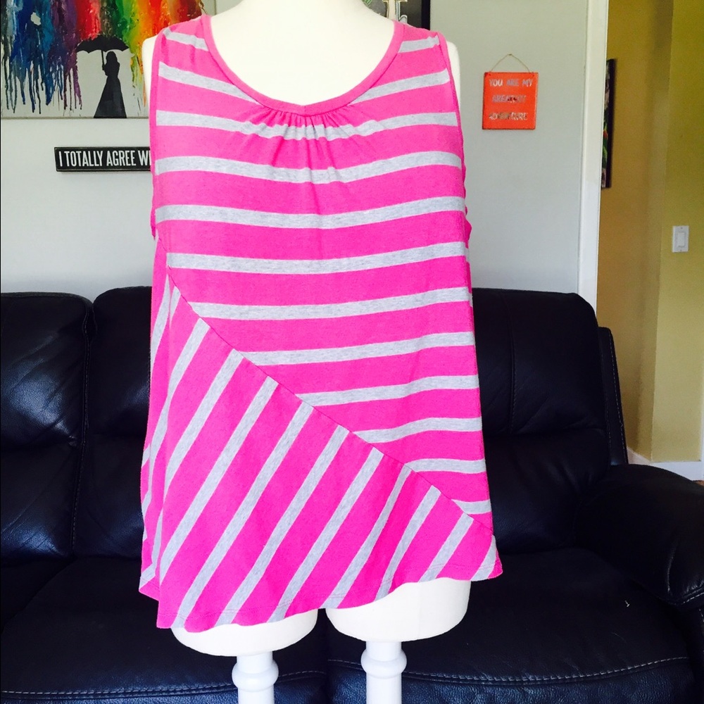 🛍️Elle Bright Pink & Gray Striped Gathered Tank