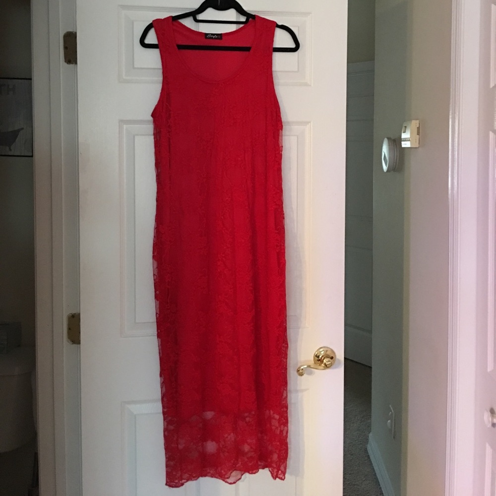 Red lace midi dress