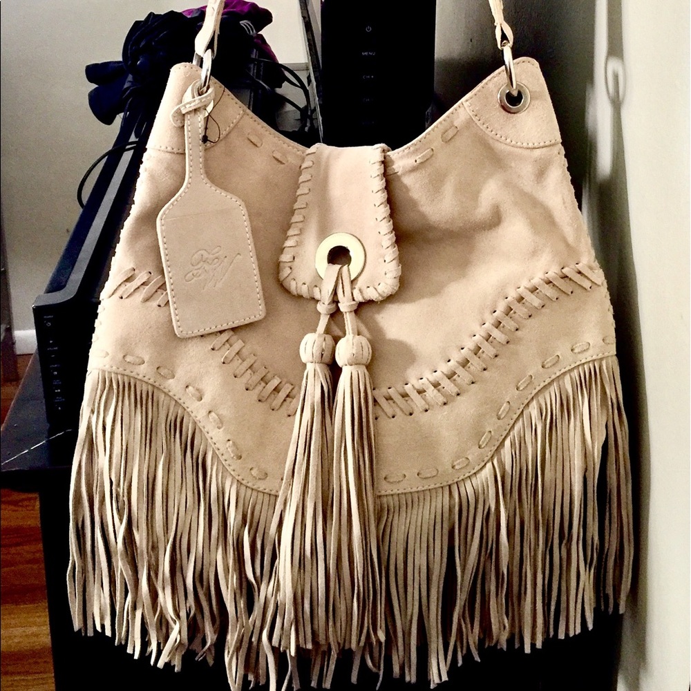 ZARA-Ladies Cream Sued Fringed Purse