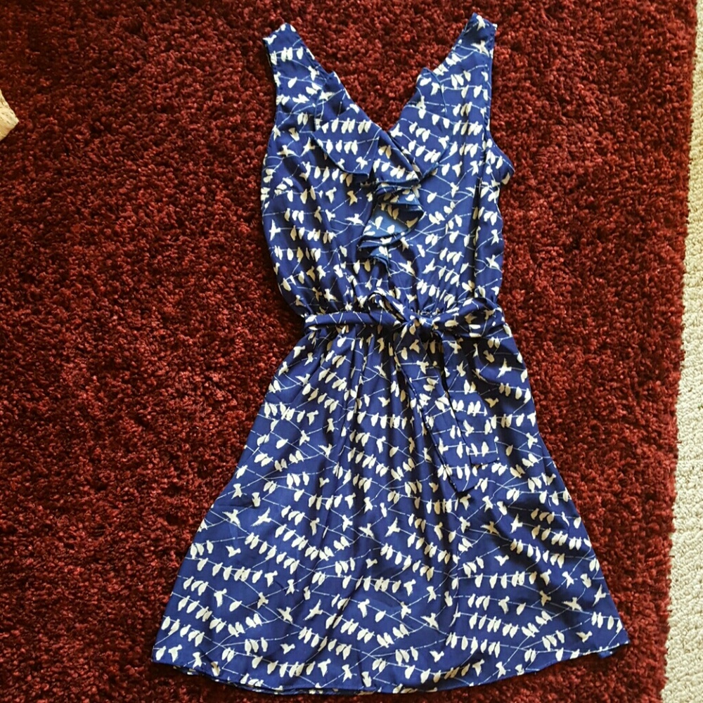 Chances R  Small Blue bird print dress POCKETS!
