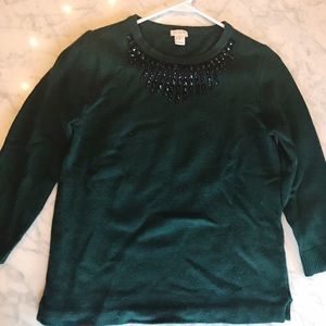 J Crew Forest Green Sweater with Navy Gems