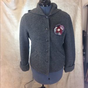 dark grey, wool jacket w/ hood and lined  pockets