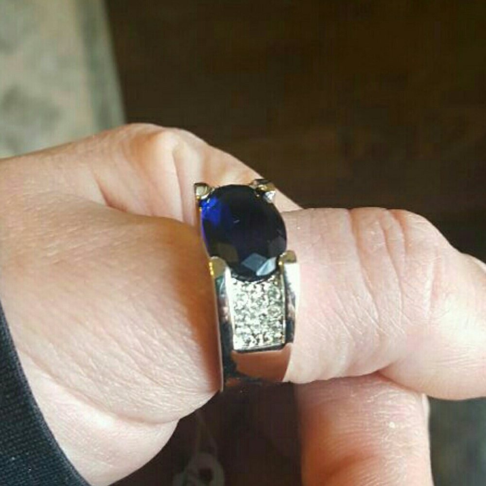 Men's10K white gold fill Blue sapphire zircon ring