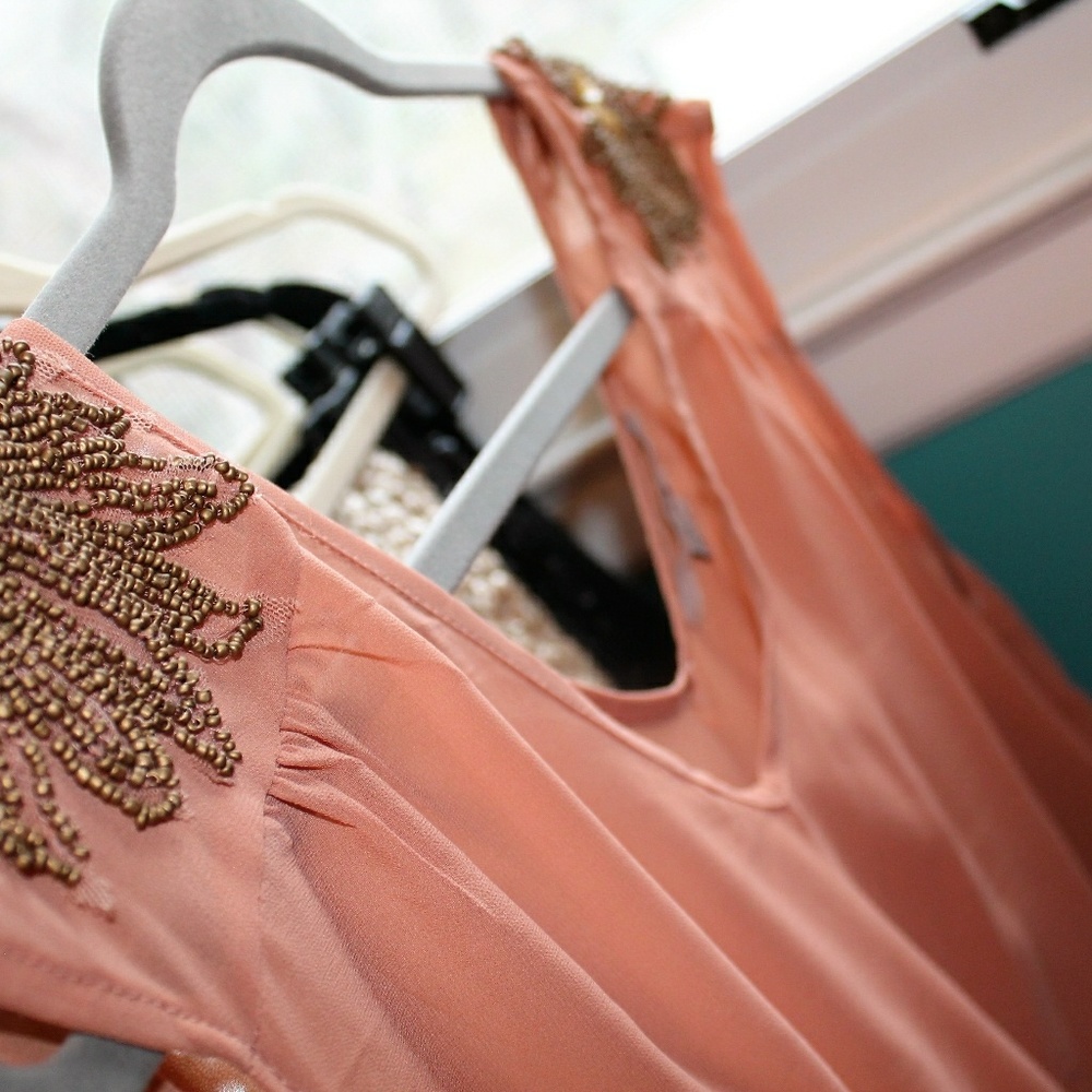 Cute Sheer CoralTop With Embellished Shoulder