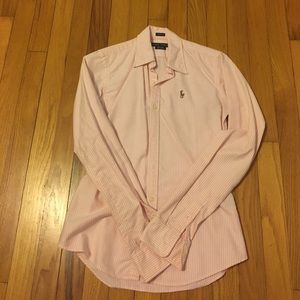Pink and white striped Polo button up