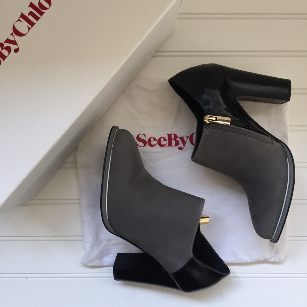 See By Chloe Gray & Black Suede Ankle Bootie