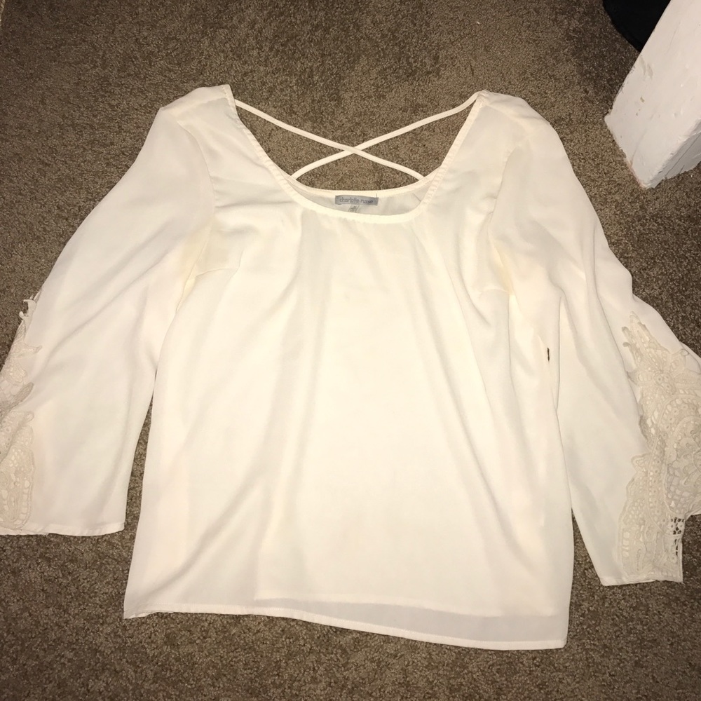 white bell sleeve shirt with lace accents