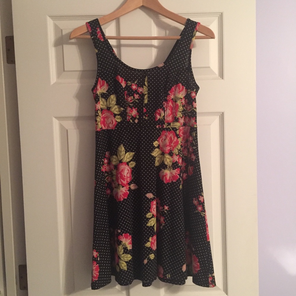 Black and white polka dot and rose patterned dress