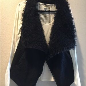Black Boucle and faux fur vest