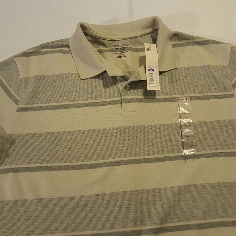 NWT Merona Grey & Beige Striped Polo Shirt Size XL