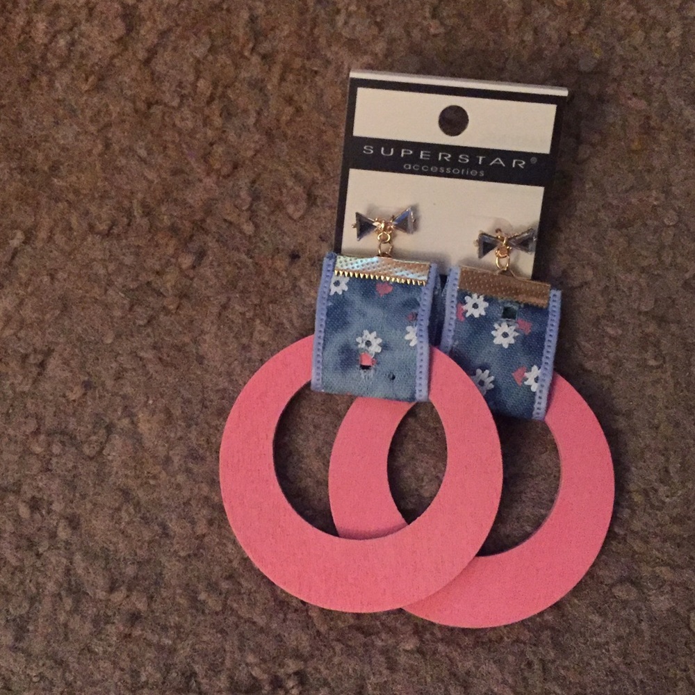 Pink & floral denim earrings