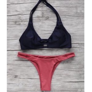 Color block halter elastic bikini set