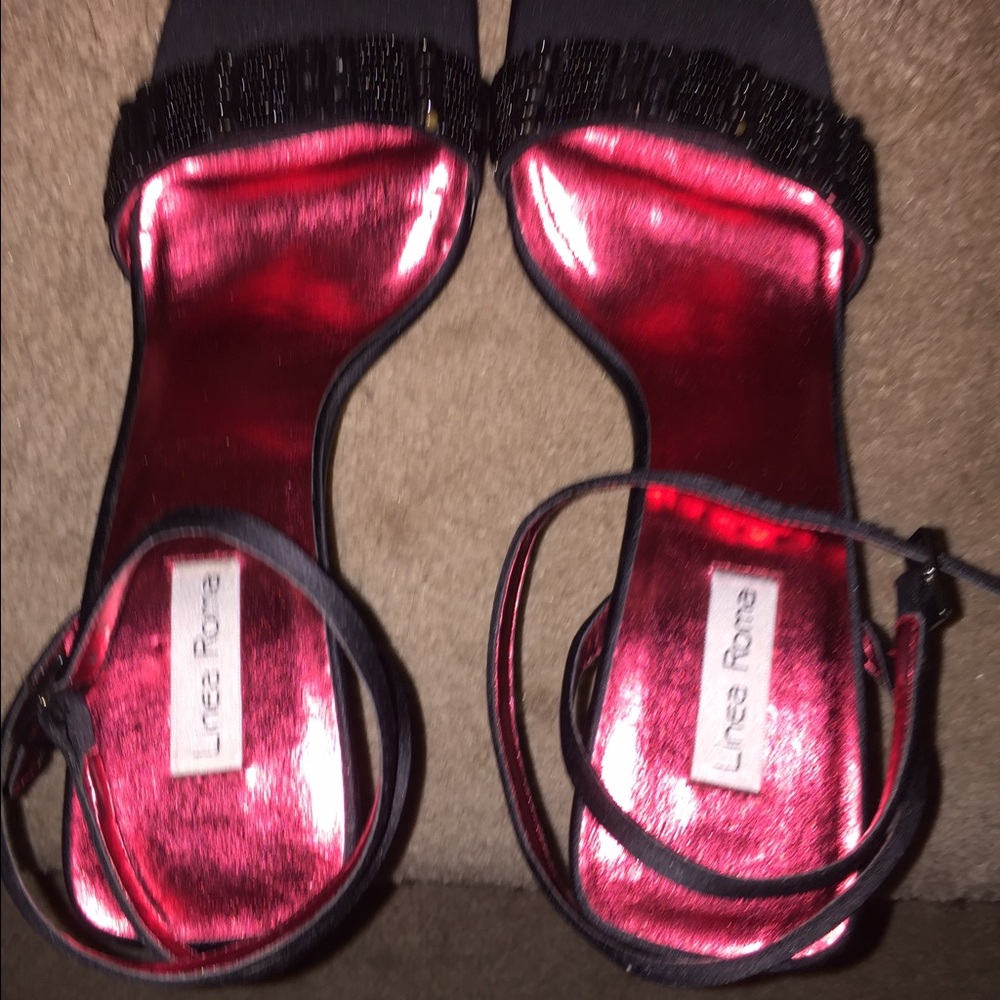 NIB Black beaded formal strappy metallic red accent unique high event heels 9 - Picture 2 of 5