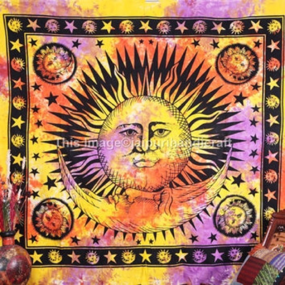 Hippie Sun and moon tie dye tapestry