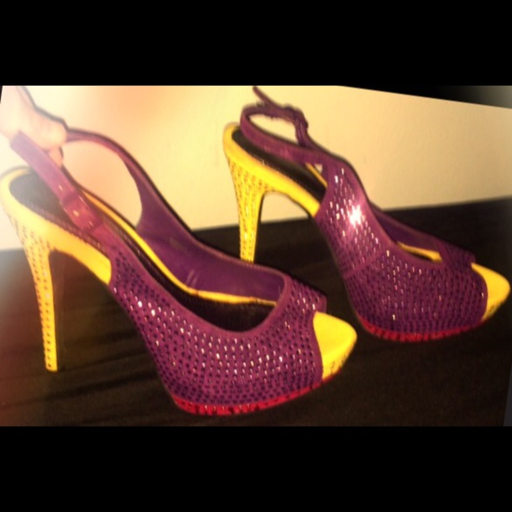 PURPLE, RED & YELLOW RHINESTONE-ENCRUSTED HEELS/7