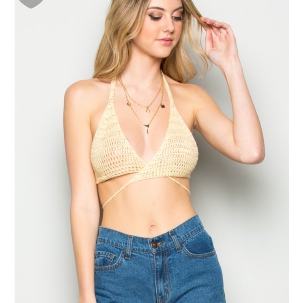 Cris cross  knit crochet bralette indah blue life