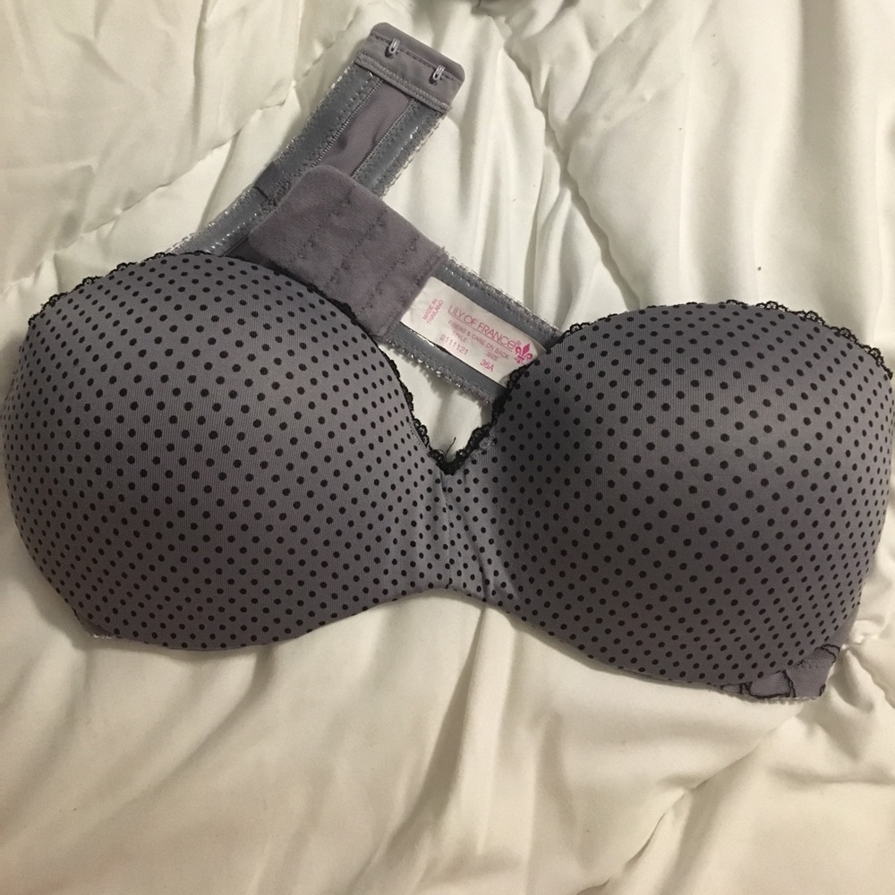 Strapless gray polka dot bra