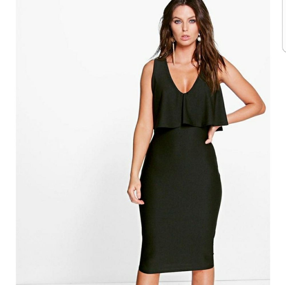 Boohoo Plunge Neck Double Layer Midi Dress