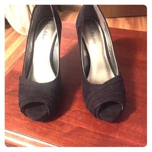 Kelly & Katie Black Suede Peekaboo Toe- Spike Heel