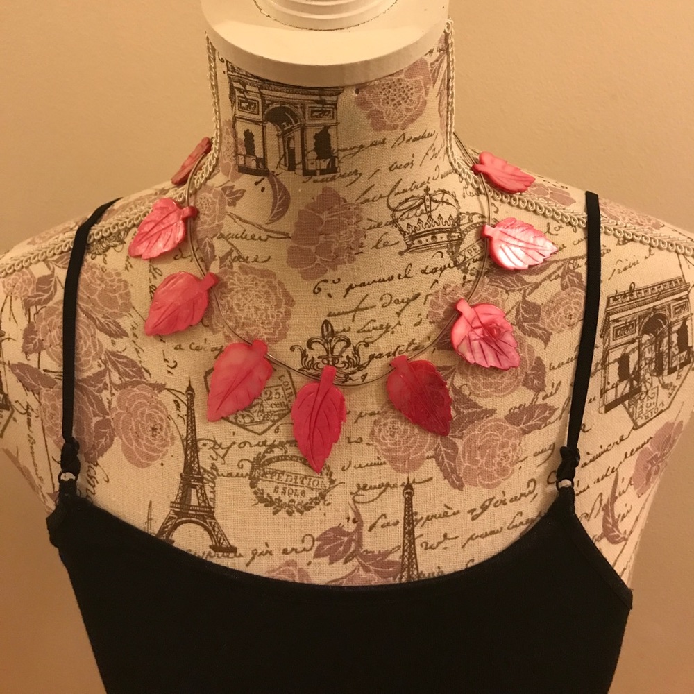 Handmade Pink Leaf Necklace & Matching Earrings