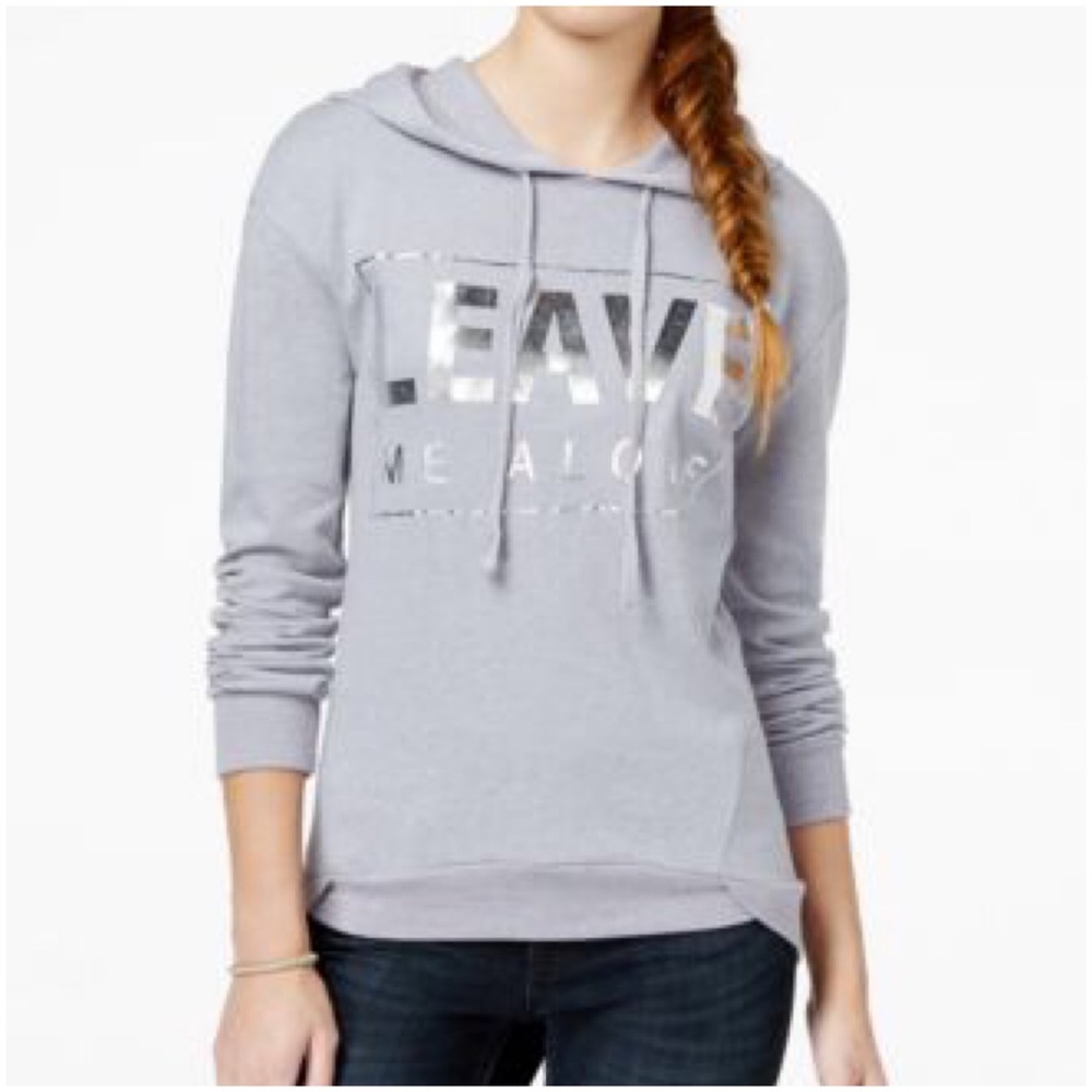 Sweatshirt Top Hoodie Grey Silver Metallic Lettering Pouch Pocket Lightweight