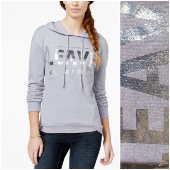 Sweatshirt Top Hoodie Grey Silver Metallic Lettering Pouch Pocket Lightweight - Picture 2 of 6