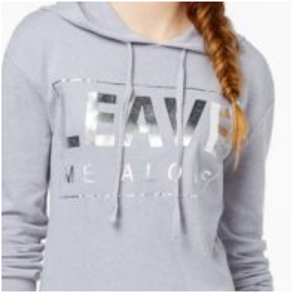 Sweatshirt Top Hoodie Grey Silver Metallic Lettering Pouch Pocket Lightweight - Picture 3 of 6