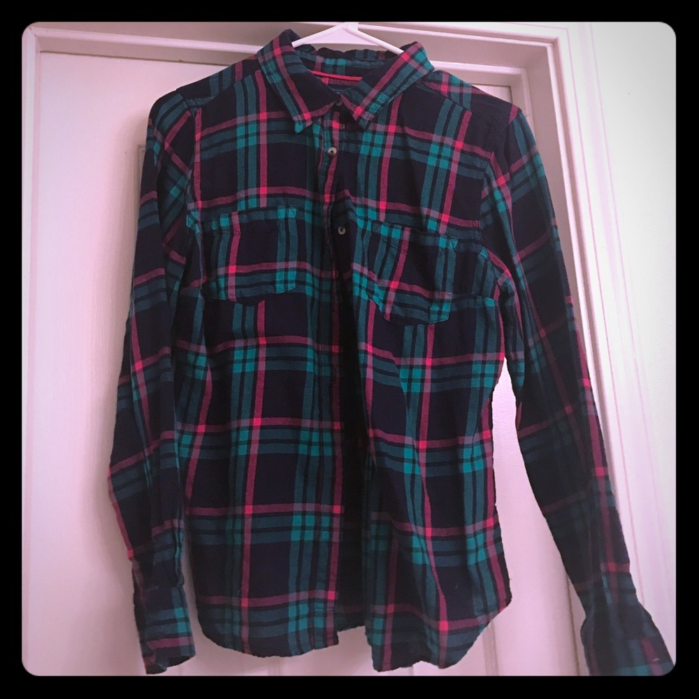Turquoise and Pink Plaid American Heritage Button