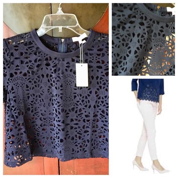 Dainty and fashionable Navy Blue laser cut blouse - Picture 1 of 5