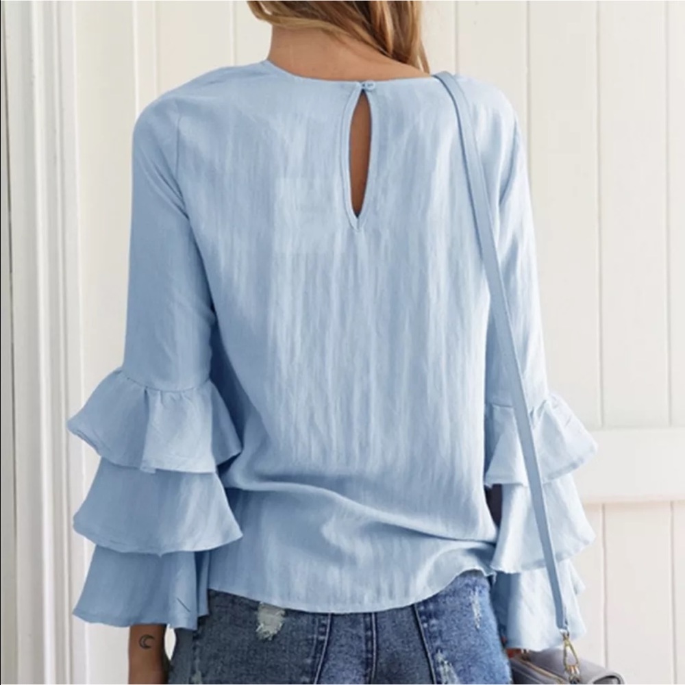 IN STOCK! Blue Ruffle Sleeve Summer Top - Picture 3 of 3